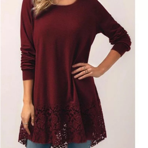 Tops - NWOT Long Sleeve Burgundy Lace Hem Tunic hoodie
